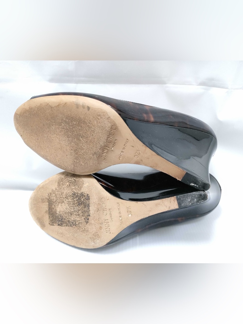 Jimmy Choo Tortoiseshell Patent Peep-Toe Wedge Heels - Picture 5 of 10